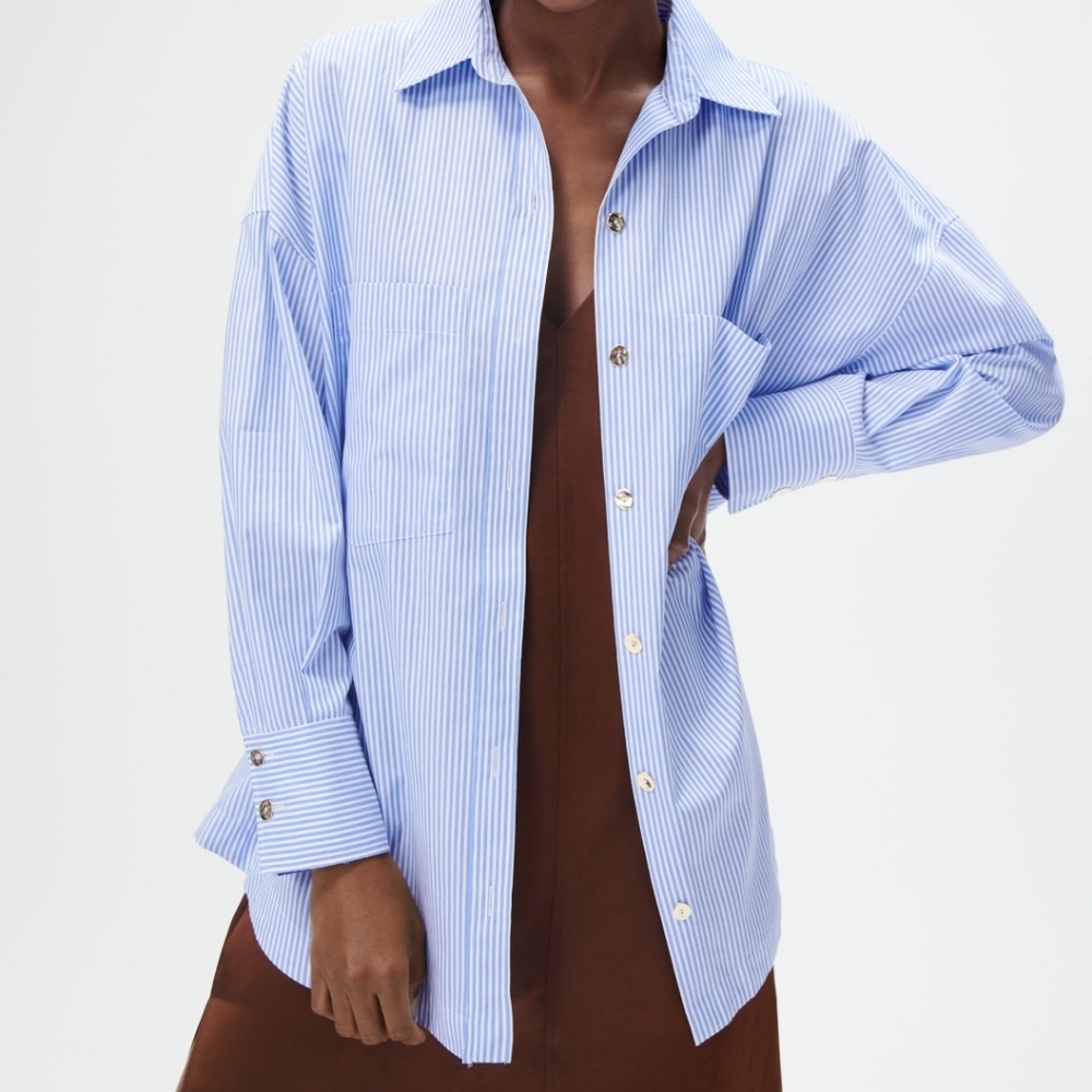 Zara Blue White Stripe Top 3/4 Sleeve With Gold Oversized Button Down Size XS